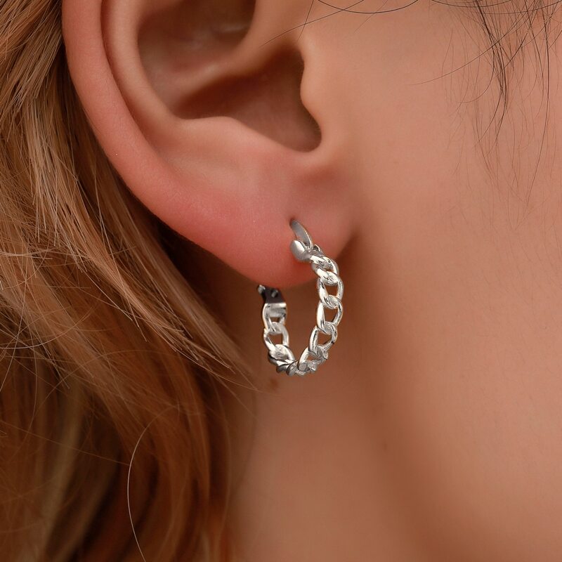 

Chain Design Hoop Earrings, Silver