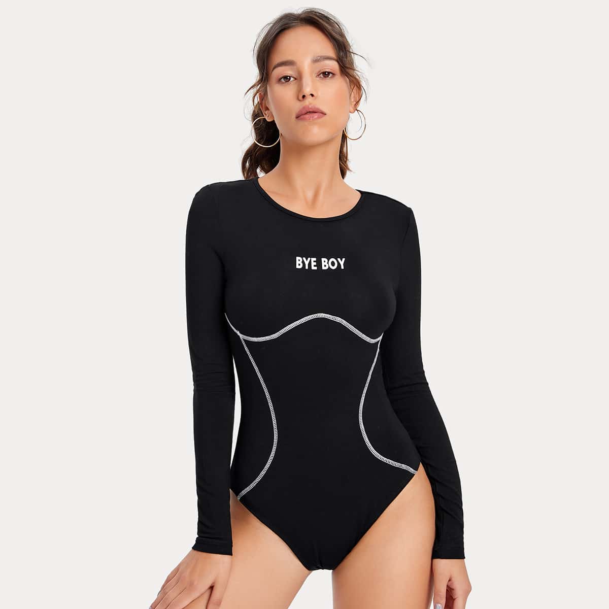 Contrast Stitch Letter Graphic Bodysuit, Black