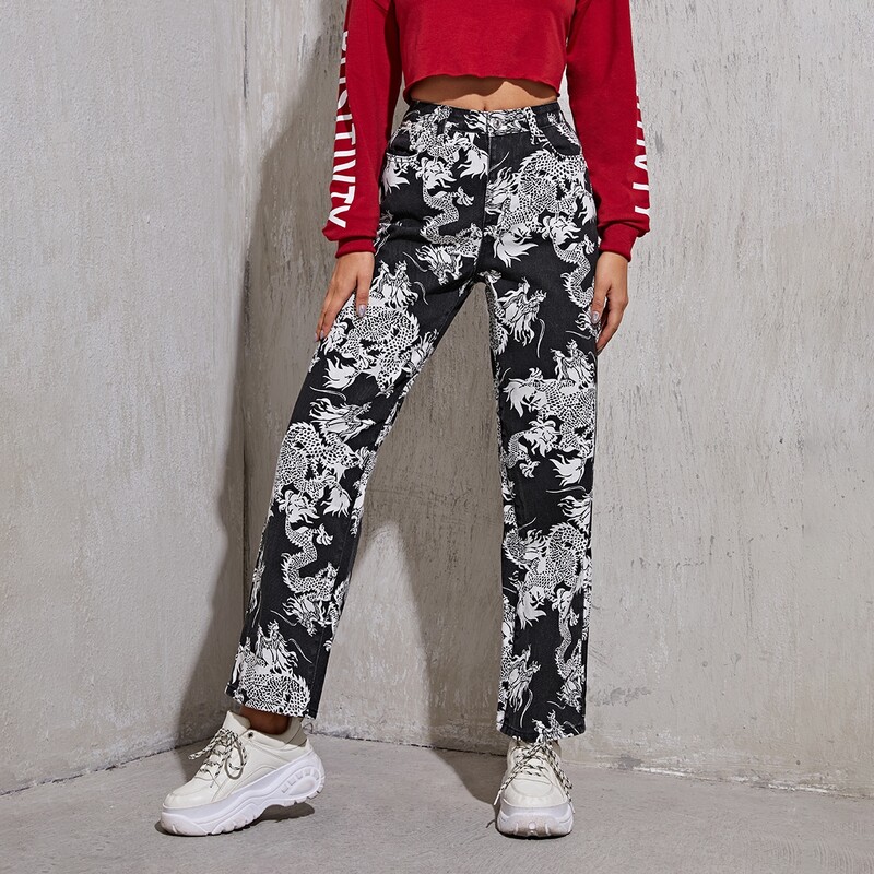 

Chinese Dragon Print Straight Leg Jeans, Black and white