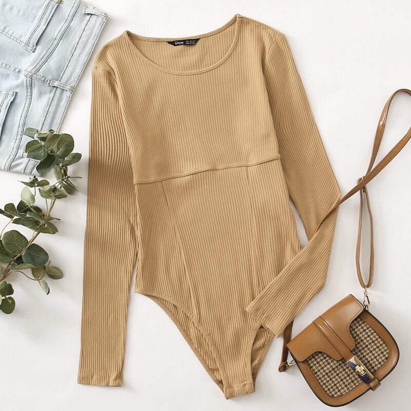 

Rib-knit Solid Tee Bodysuit, Apricot
