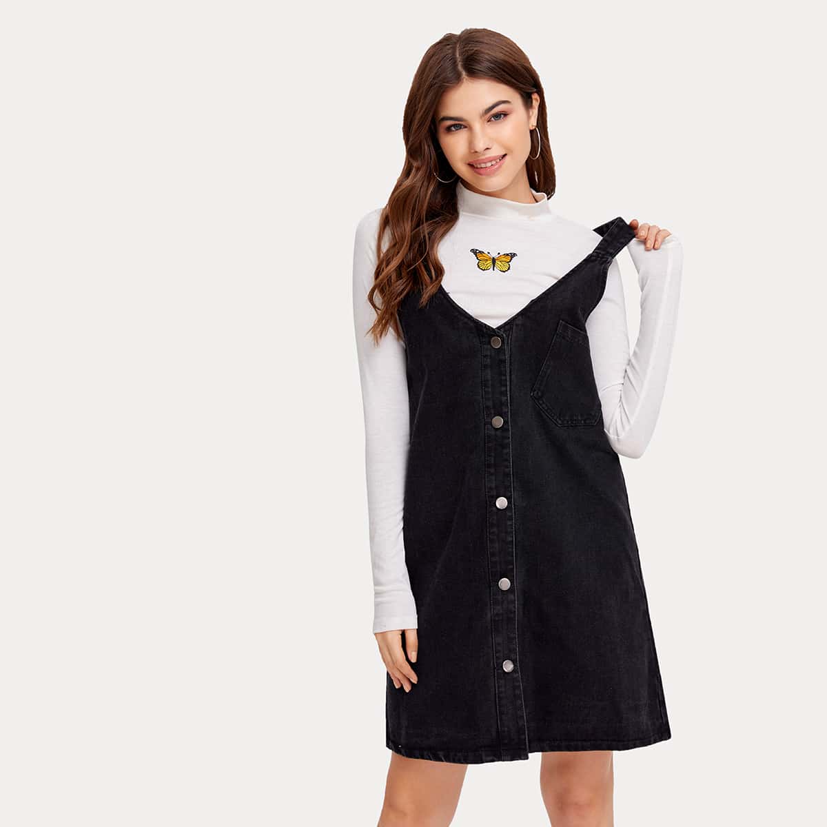 

Button Front Pinafore Denim Dress, Black