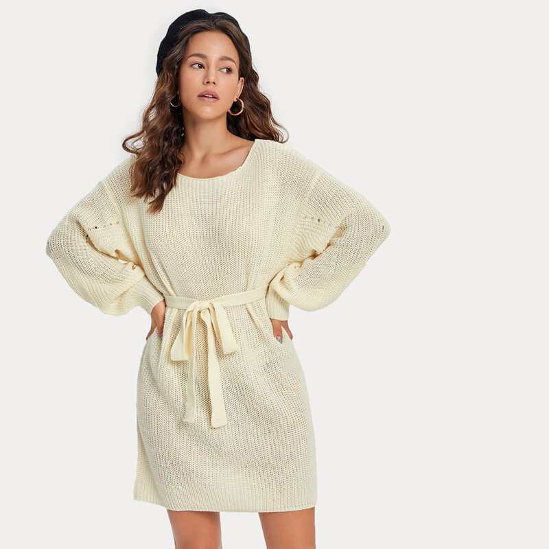

Bishop Sleeve Self Tie Sweater Dress, Beige