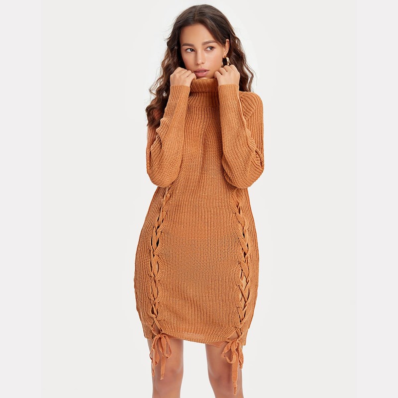 

Turtleneck Lace Up Front Sweater Dress, Burnt orange