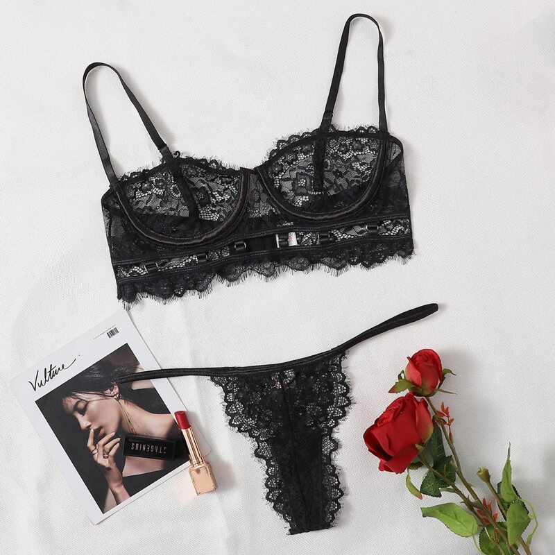 

Lace Eyelash Trim Lingerie Set, Black