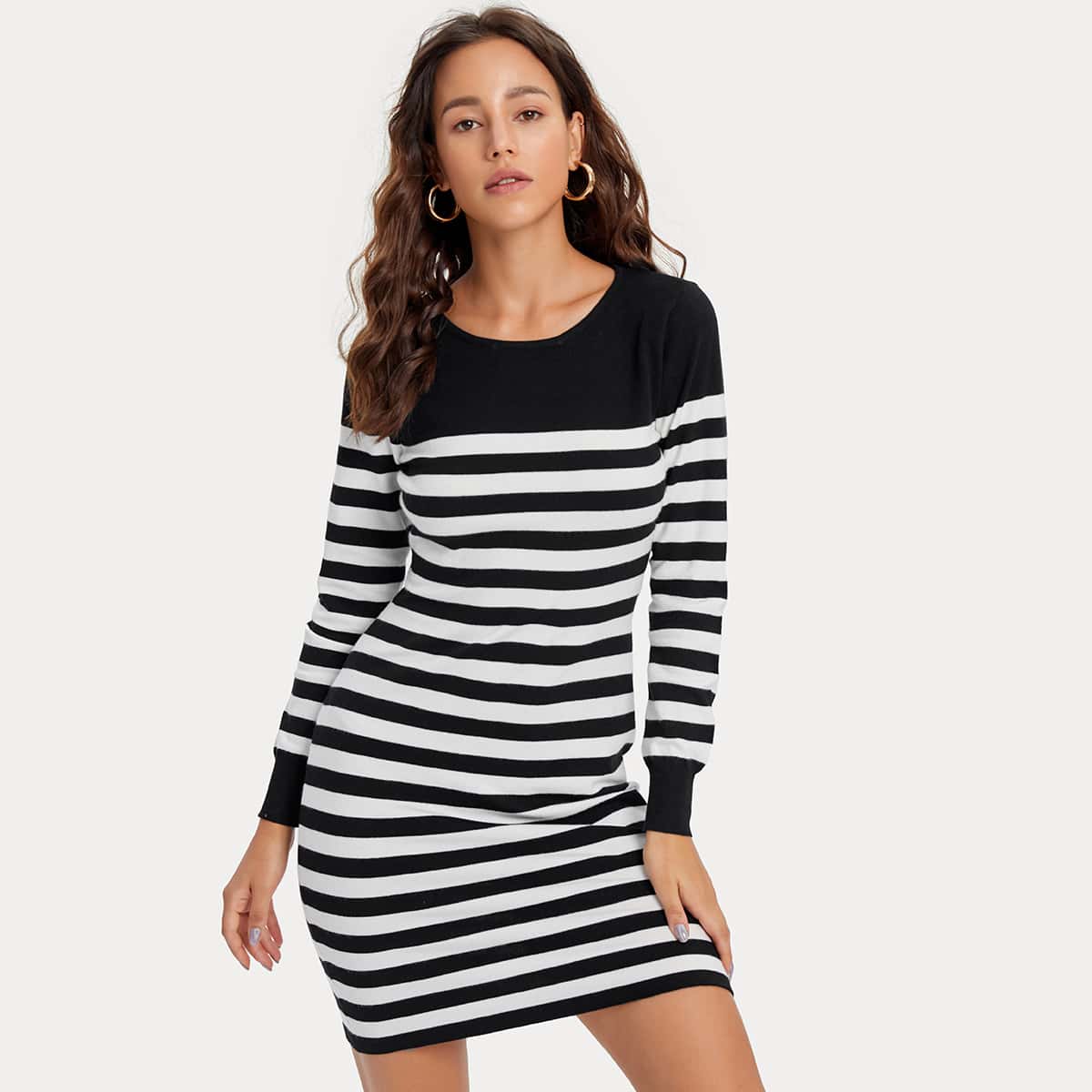 

Striped Bodycon Sweater Dress, Black and white