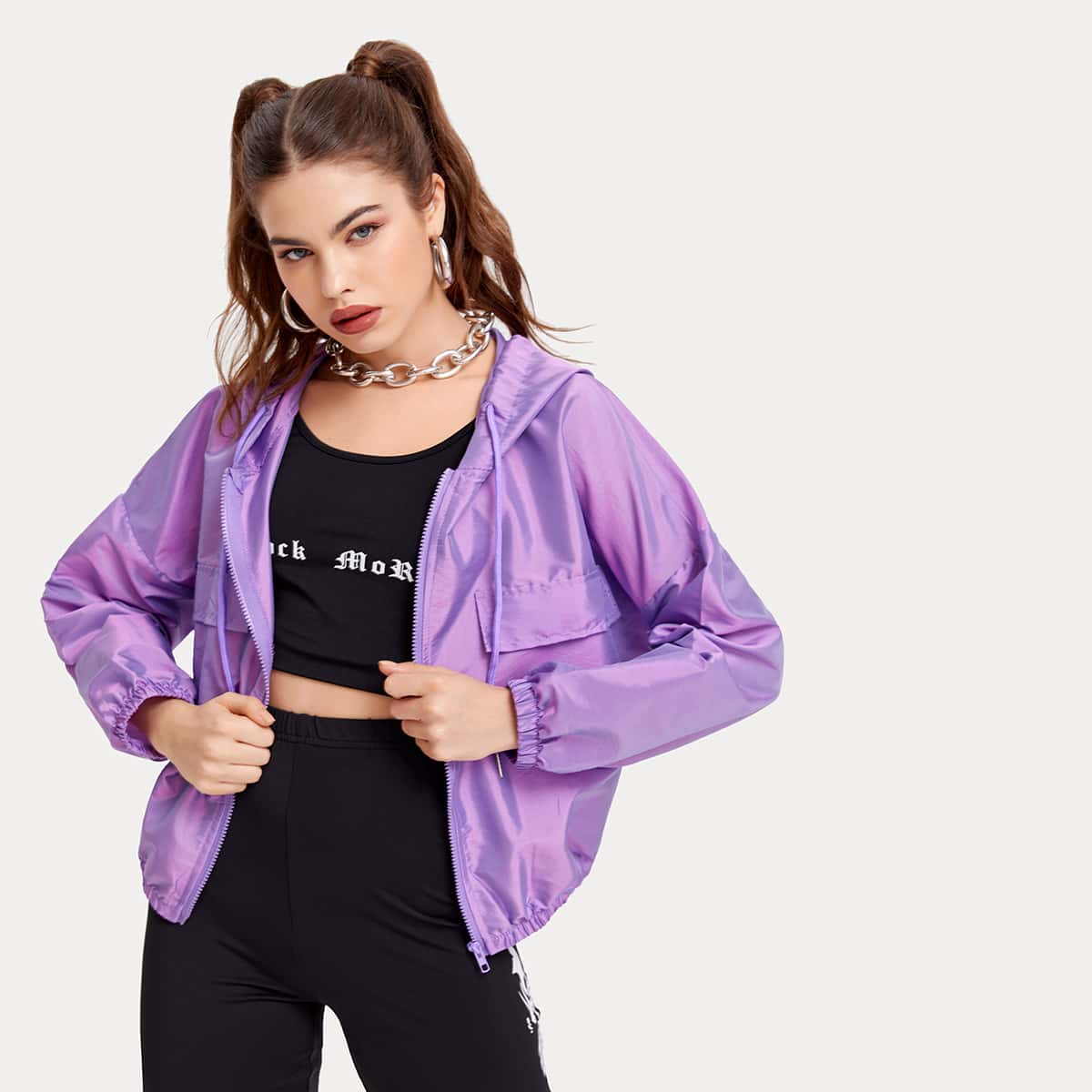 

Zip Up Drawstring Hooded Jacket, Violet purple