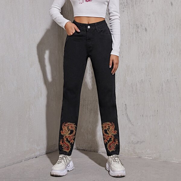 

Chinese Dragon Embroidery Mom Jeans, Black