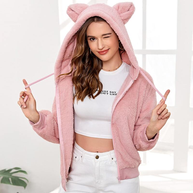 

3D Ear Design Zip Up Teddy Jacket, Dusty pink