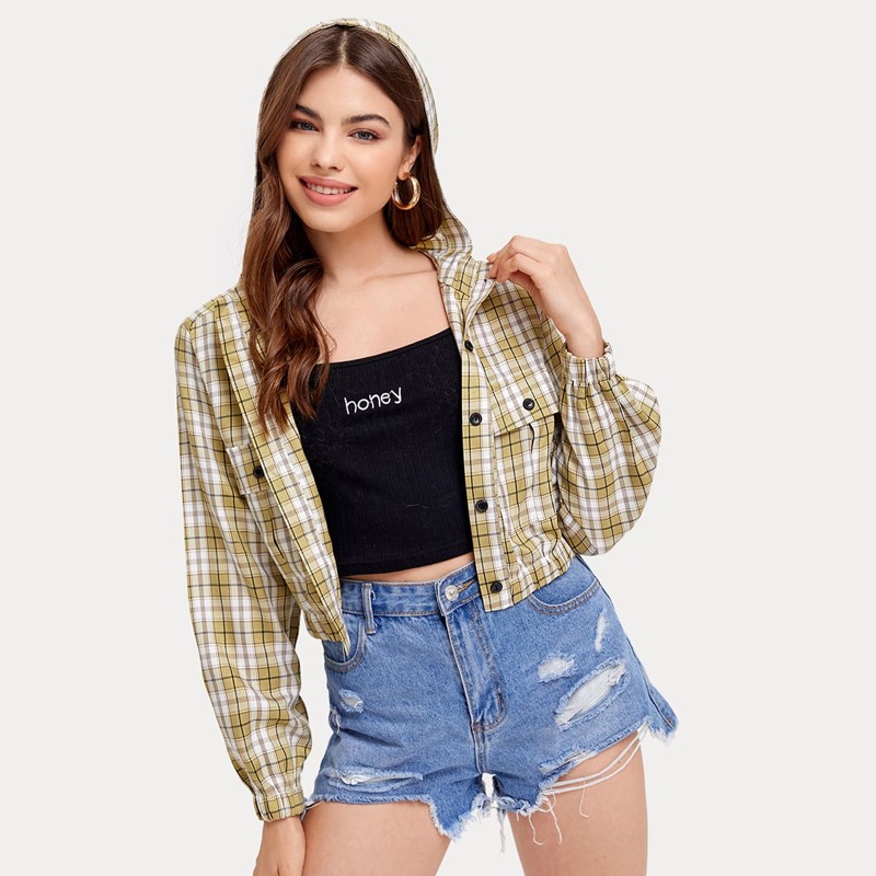 

Flap Pocket Zip Up Plaid Crop Hoodie, Multicolor