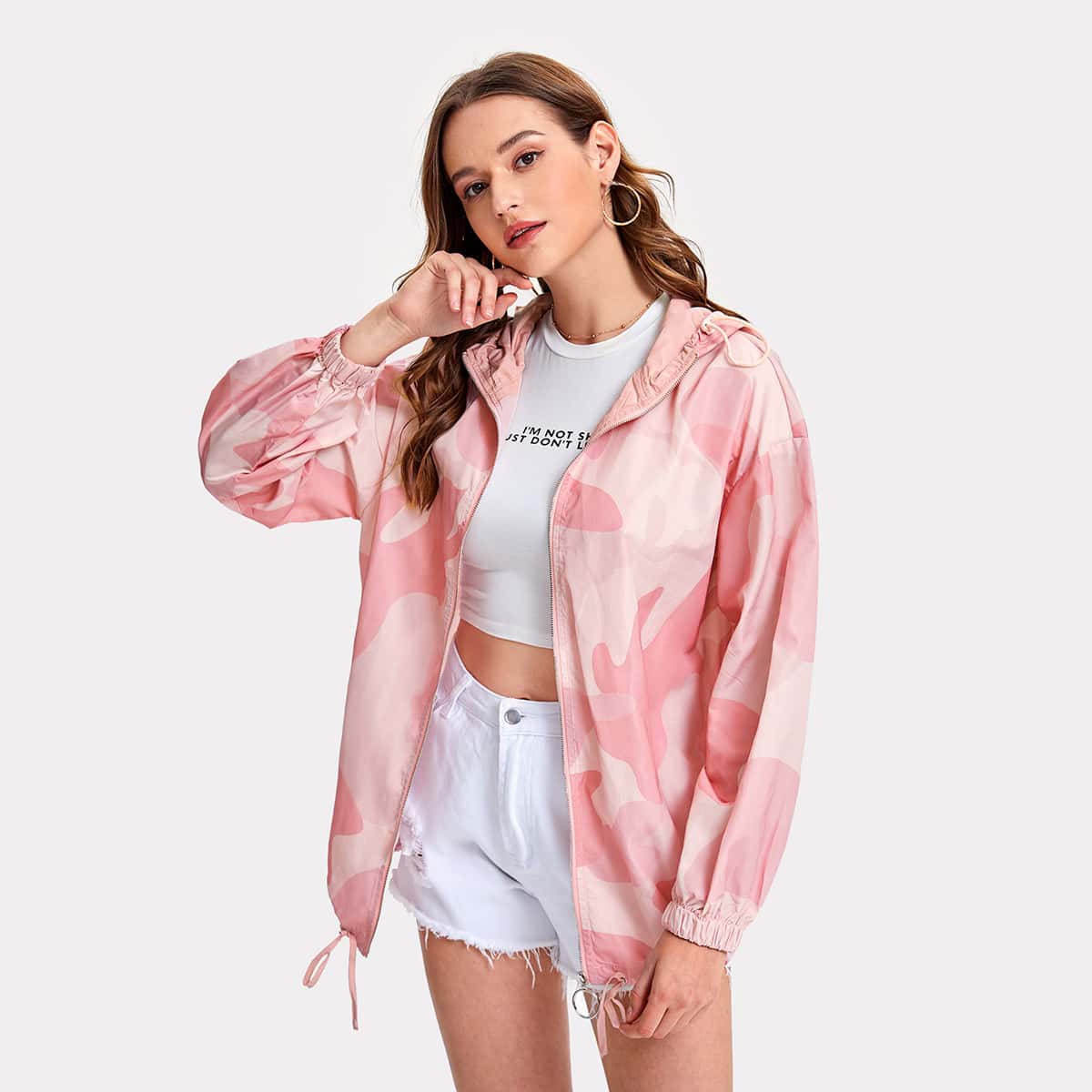 

Drop Shoulder Camo Wind Jacket, Baby pink