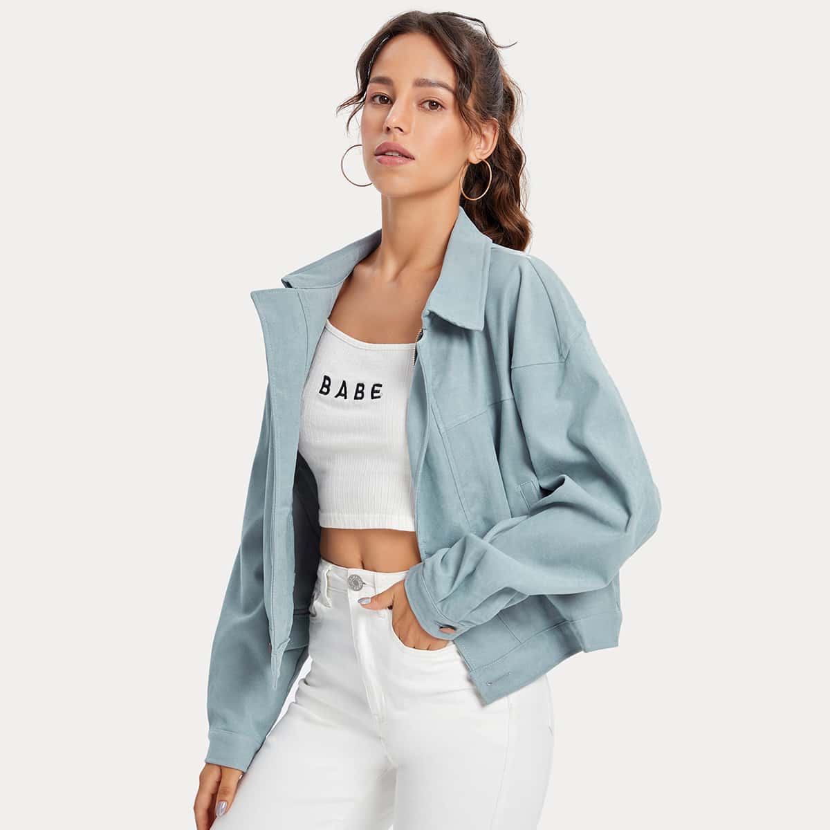 

Binding Trim Drop Shoulder Zip Up Jacket, Dusty blue