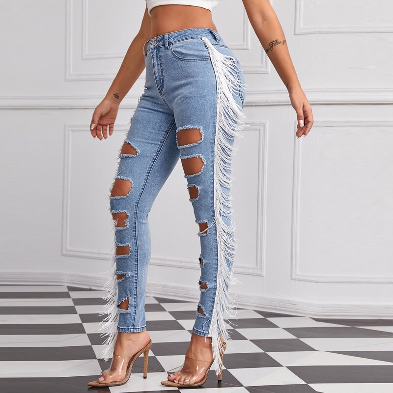 

High Stretch Fringe Trim Ripped Skinny Jeans, Light wash