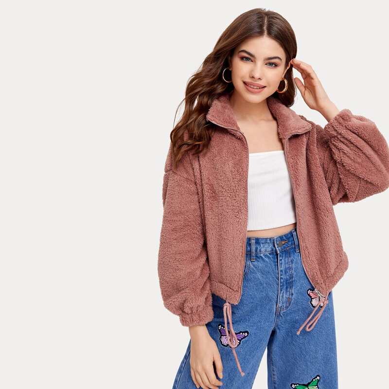 

Drawstring Hem Teddy Jacket, Dusty pink
