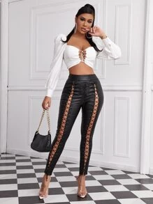 Jeans con ojal con cordón - Negro - Ver 4