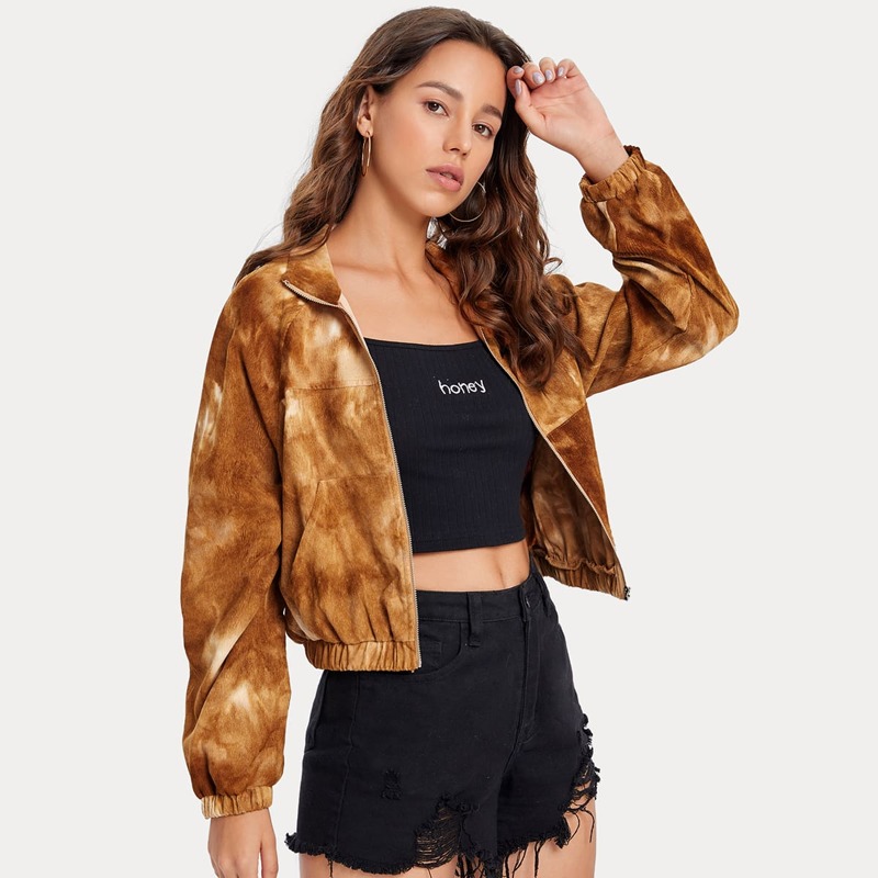 

Tie Dye Zip Up Raglan Sleeve Crop Corduroy Jacket, Brown