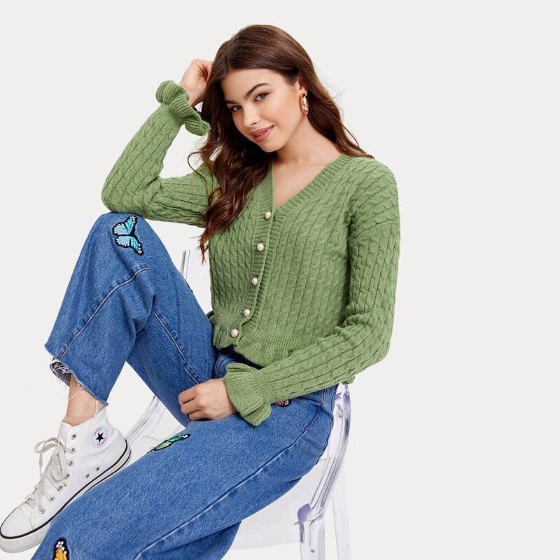 

Cable Knit Frill Trim Crop Cardigan, Lime green