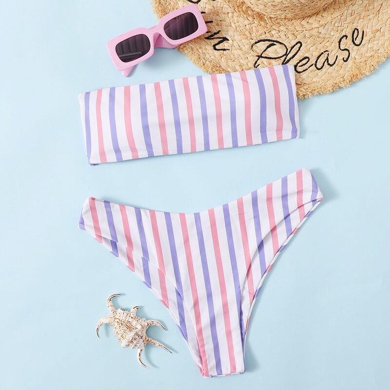 

Striped High Cut Bikini Swimsuit, Multicolor