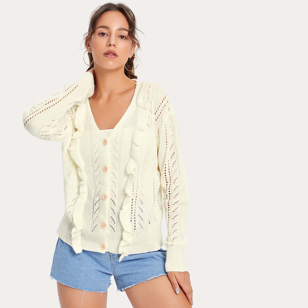 

Button Front Ruffle Open Knit Cardigan, White