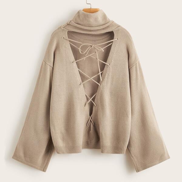 

Plus Turtleneck Lace Up Knot Cut-out Back Sweater, Khaki