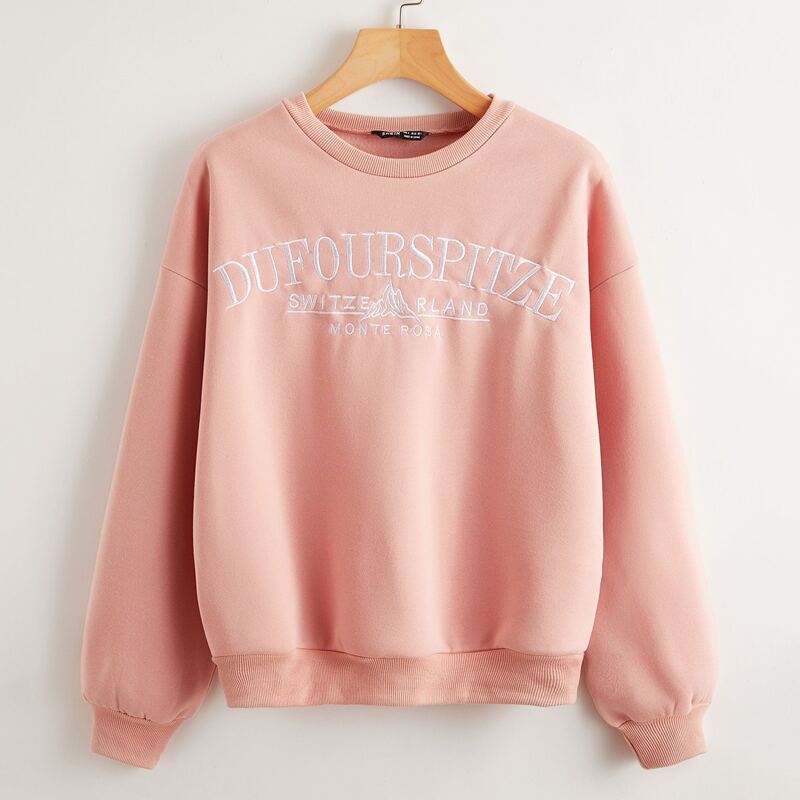 

Drop Shoulder Embroidered Letter Pullover, Coral pink