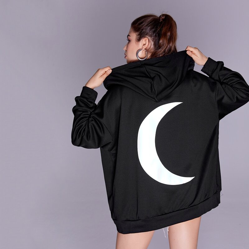

Moon Print Zip Up Drawstring Oversized Hoodie, Black