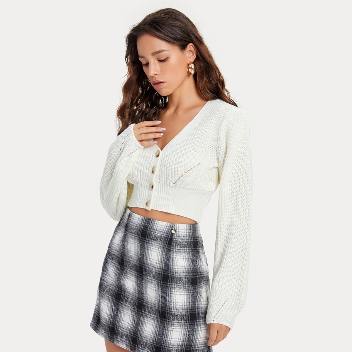 

Lantern Sleeve Button Front Crop Cardigan, White