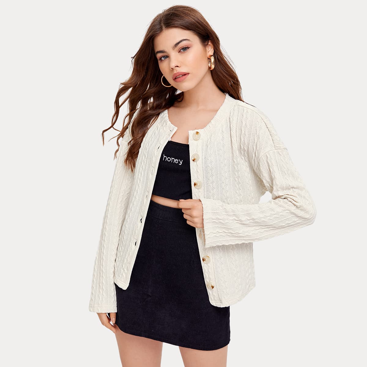 

Drop Shoulder Button Up Cardigan, Beige
