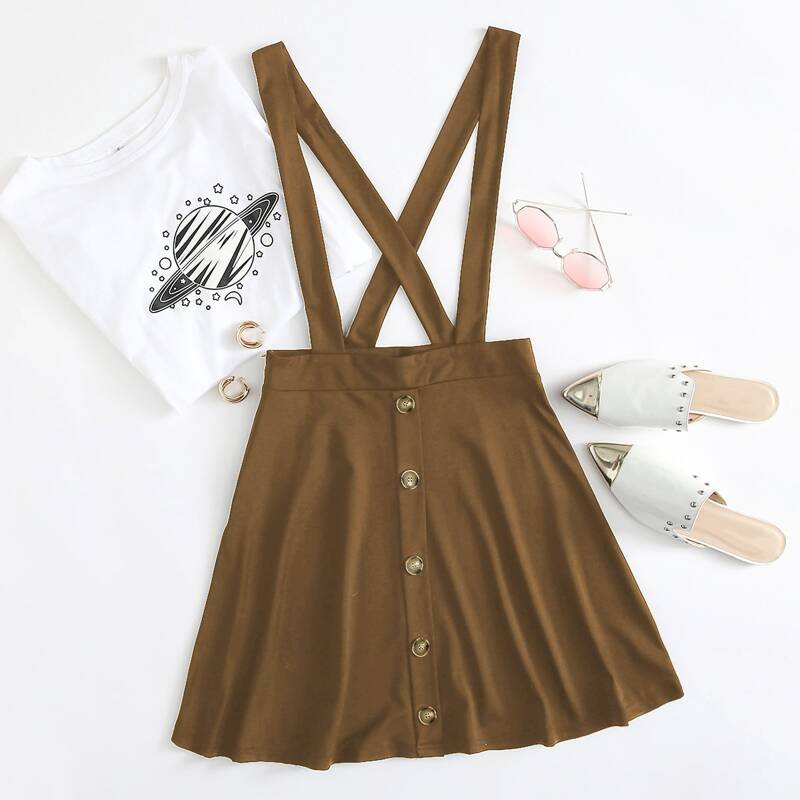 

Button Front Suspender Skirt, Coffee brown