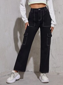 SHEIN EZwear Quần jean Nút Giải trí - màu đen - Xem 1