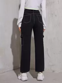 SHEIN EZwear Quần jean Nút Giải trí - màu đen - Xem 2