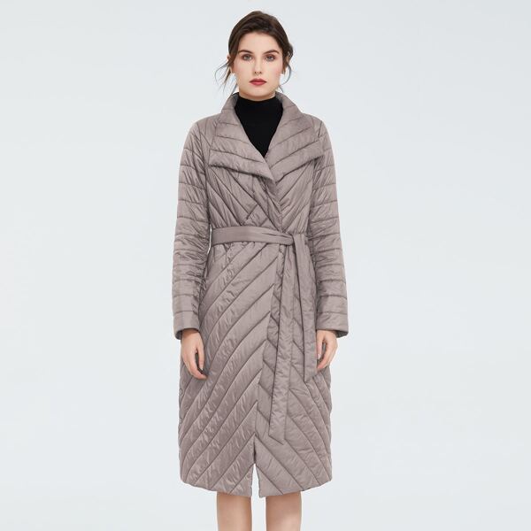 

Pocket Side Belted Quilted Padded Coat, Mocha brown