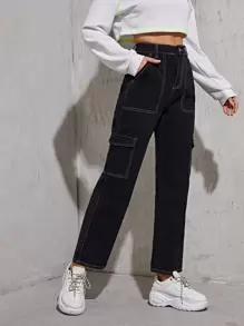 SHEIN EZwear Quần jean Nút Giải trí - màu đen - Xem 4