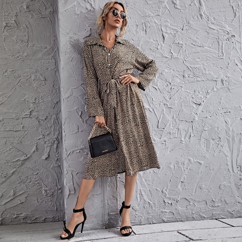 

Dalmatian Print Belted Shirt Dress, Khaki multicolor