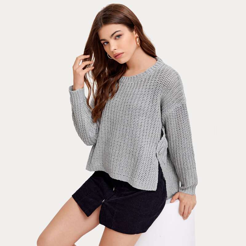 

Covered Button Side High Low Sweater, Grey