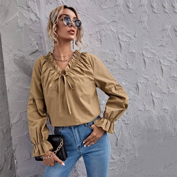 

Tie Neck Frill Trim Bell Sleeve Top, Camel