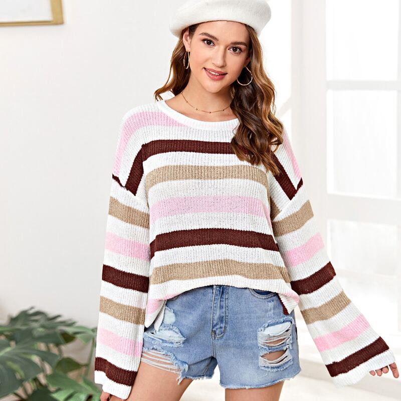 

Block Striped Split Hem Slouchy Sweater, Multicolor