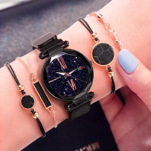 

1pc Galaxy Quartz Watch With 4pcs Bracelet