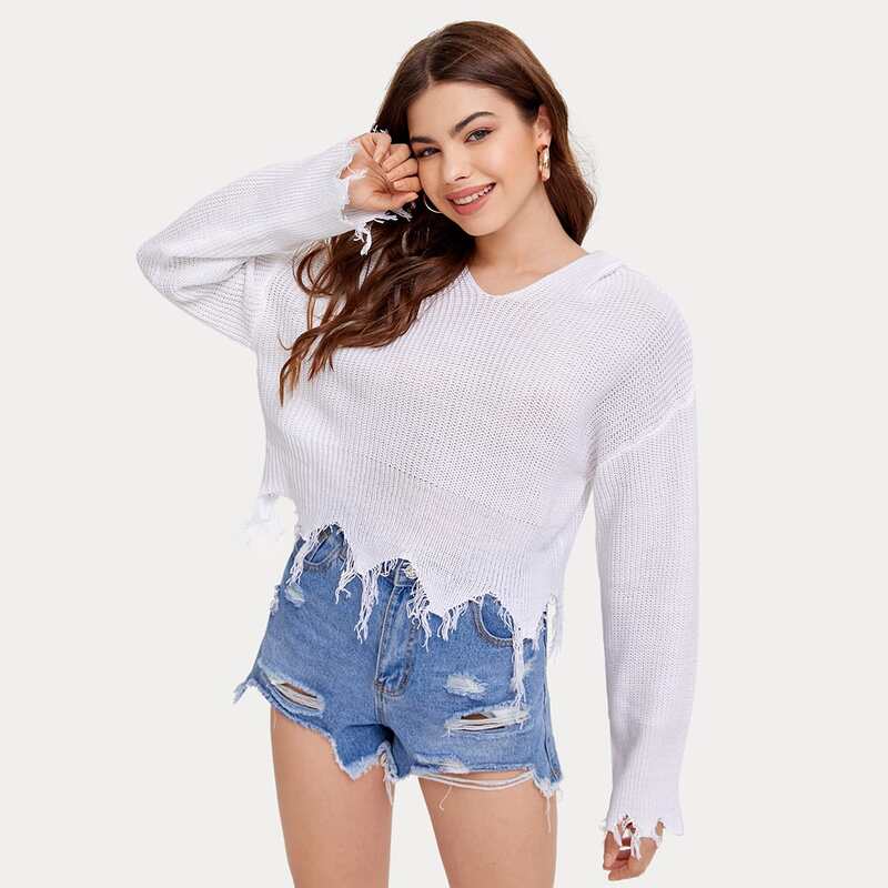 

Drop Shoulder Hooded Frayed Hem Crop Sweater, White