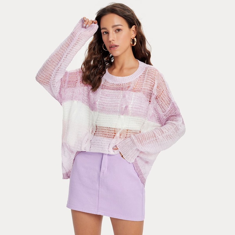 

Drop Shoulder Open Knit Oversized Sweater Without Bandeau, Multicolor