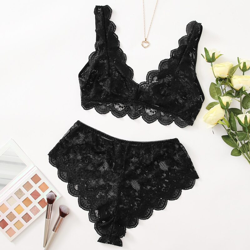 

Lace Floral Scallop Trim Lingerie Set, Black