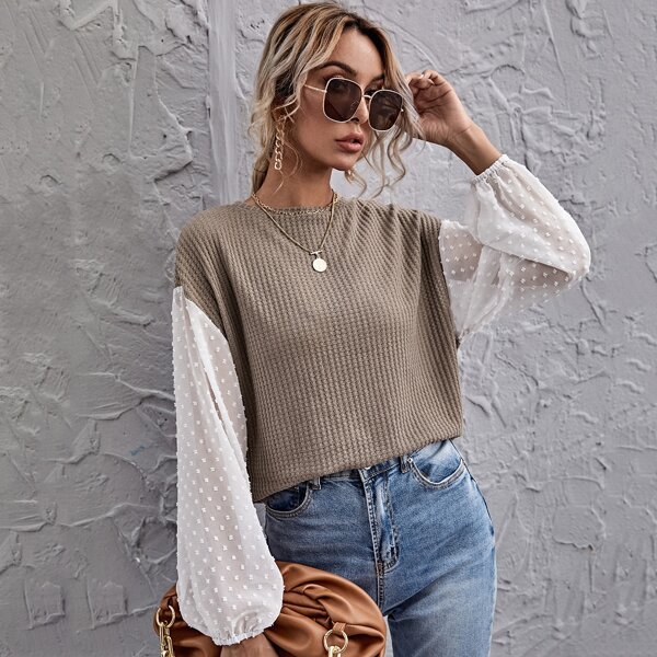 

Swiss Dot Lantern Sleeve Waffle Knit Top, Mocha brown