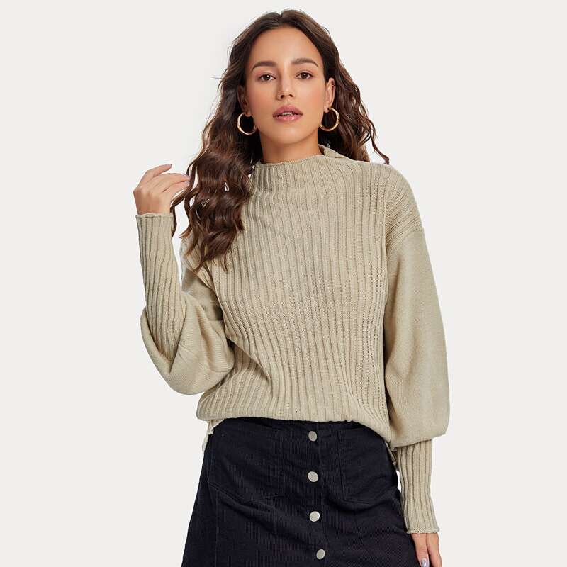 

Lantern Sleeve Solid Sweater, Khaki