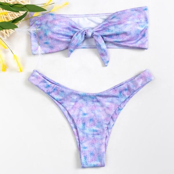 

Tie Dye Knot Back Bandeau Bikini Swimsuit, Purple