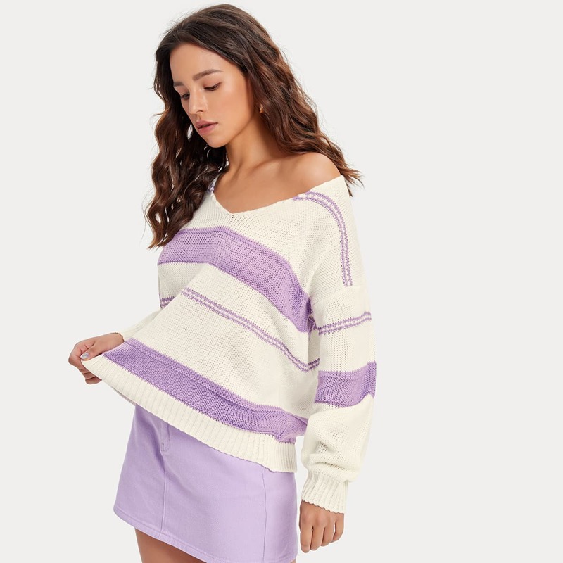 

V Neck Drop Shoulder Striped Sweater, Multicolor