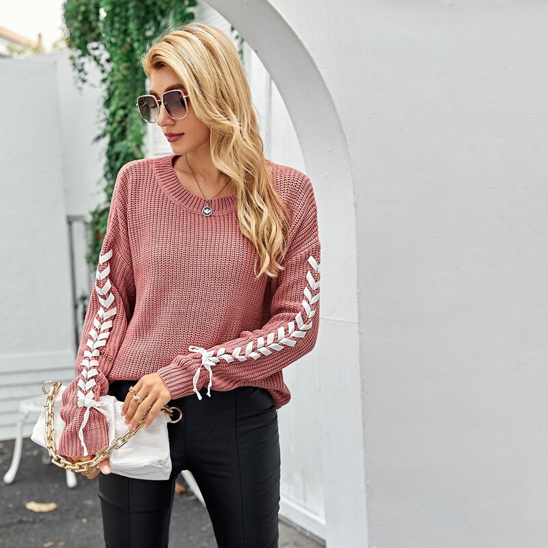 

Lace Up Drop Shoulder Ribbed Knit Sweater, Dusty pink