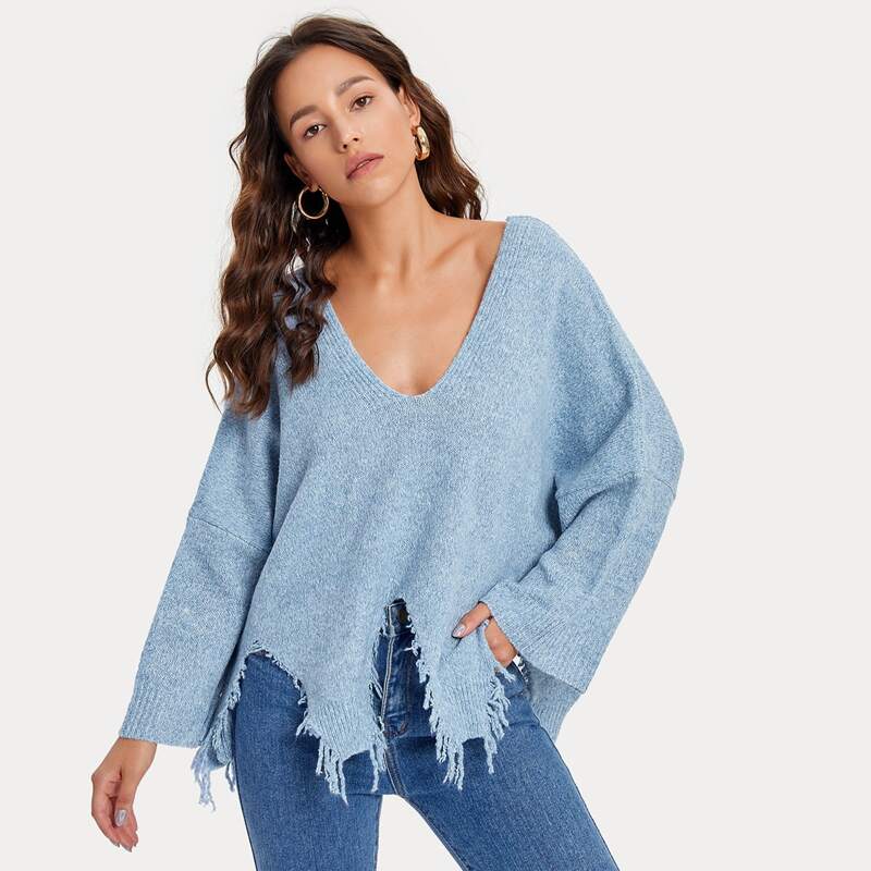 

Drop Shoulder Ripped Hem Sweater, Blue