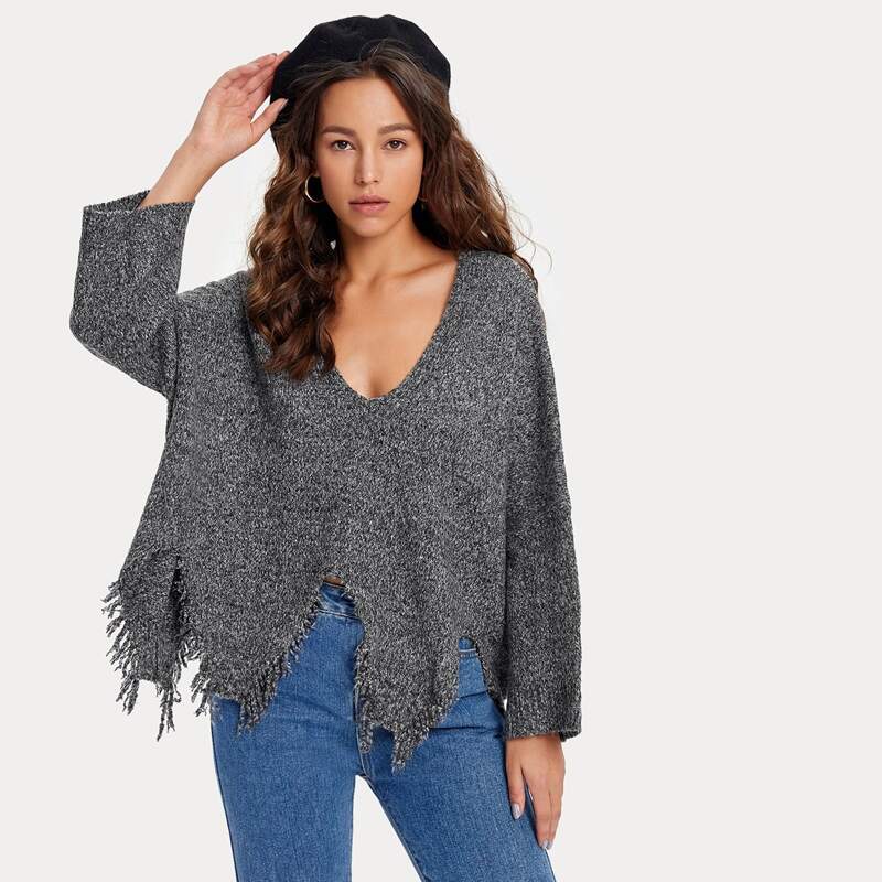 

Drop Shoulder Ripped Hem Sweater, Black