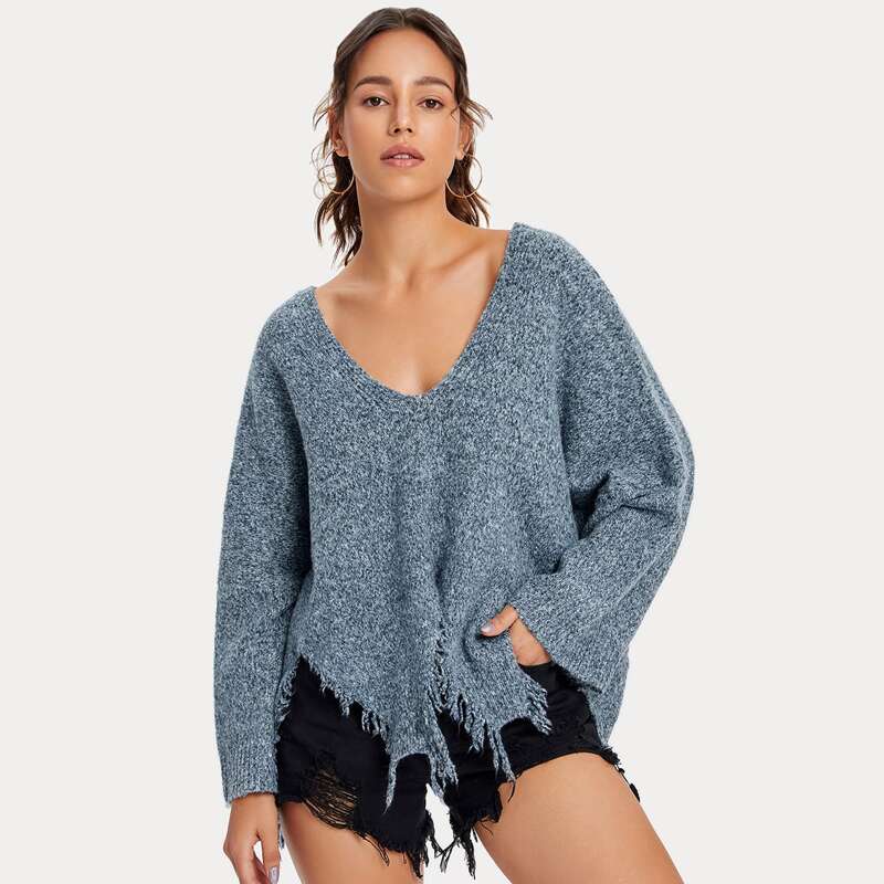

Drop Shoulder Ripped Hem Sweater, Dusty blue