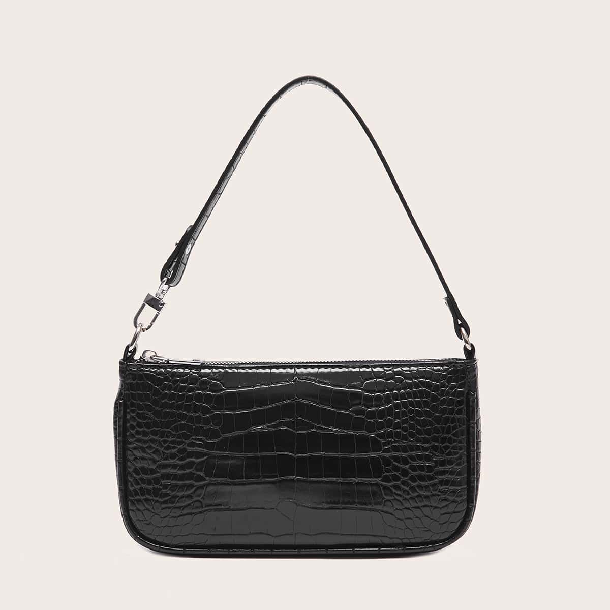 

Croc Embossed Baguette Bag, Black