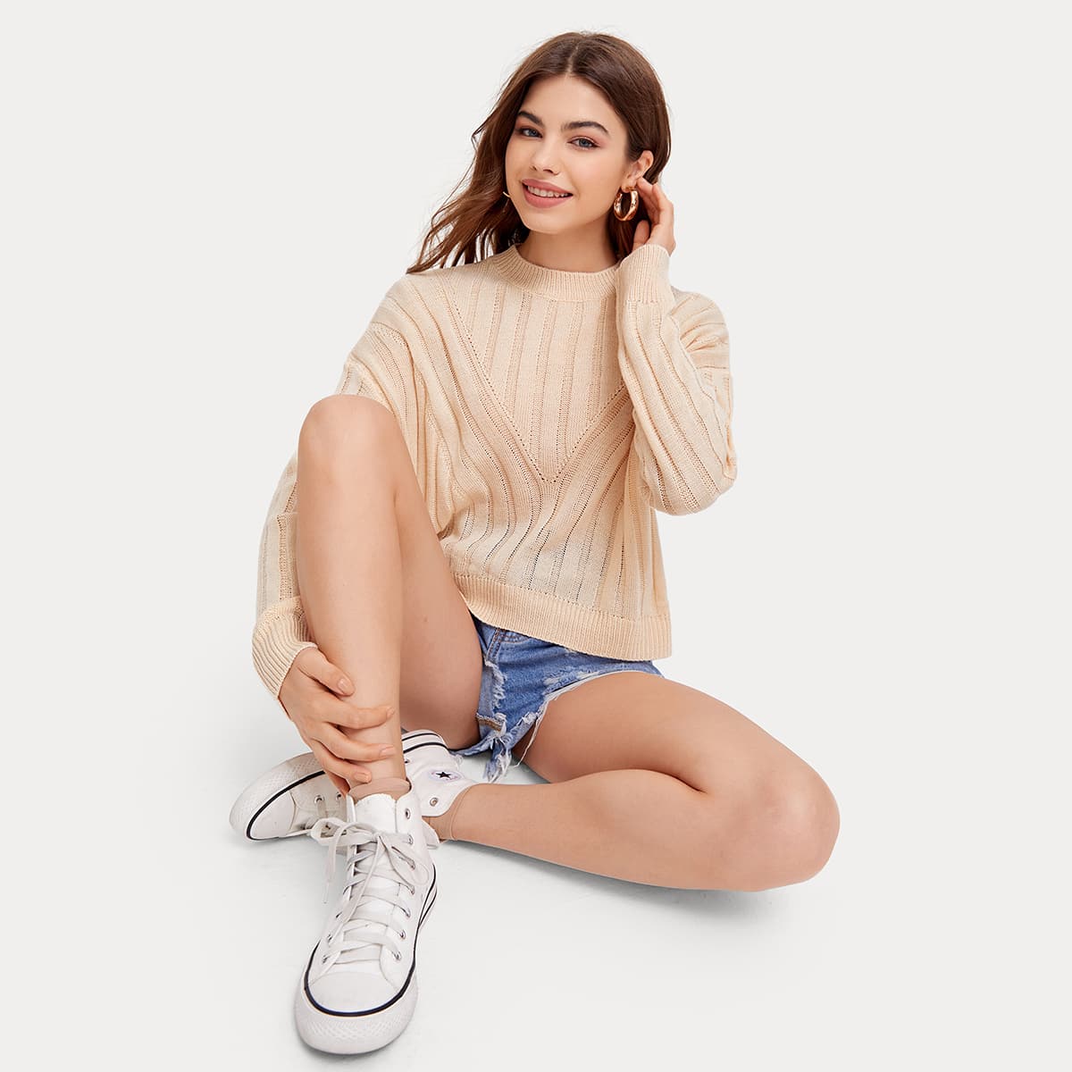 

Drop Shoulder Solid Sweater, Apricot